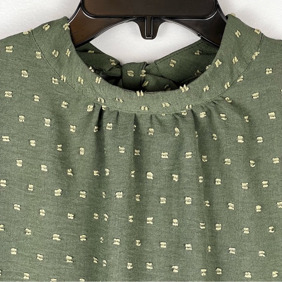 Army Green High Neck Blouse Size Large Dobby Dot 3/4 Sleeve Boho Top - Picture 4 of 7